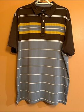 VUGA Men’s XL Striped Performance Golf Polo Brown Blue Stretch Shirt